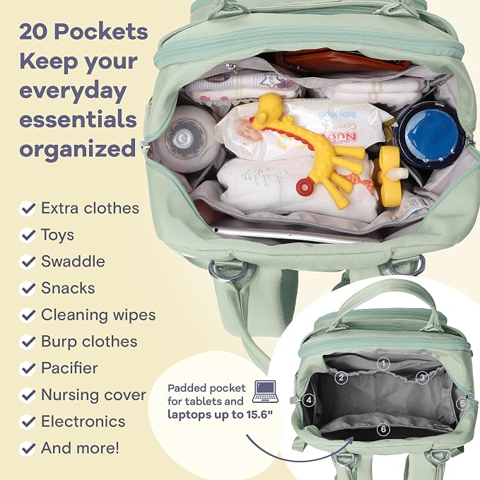 RUVALINO Diaper Bag Backpack-Multifunction Baby Travel Bag with Changing pad, Insulated Bottle Holders & Pacifier Case, Large Capacity, Waterproof, Mint Green - Image 4