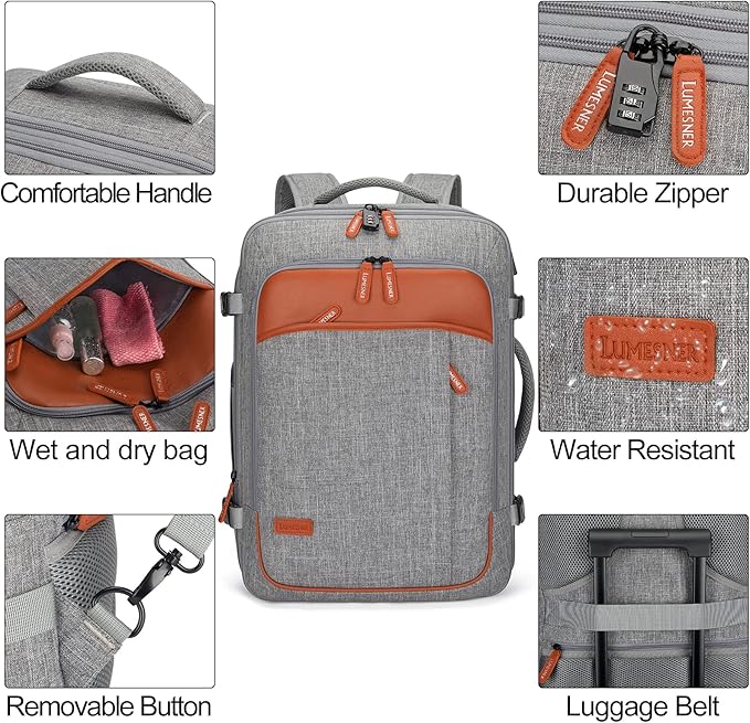 Lumesner 22" Expandable Carry On Travel Backpack With 4 Packing Cubes | Flight Approved, Fits 20 Inch Laptop, Water-Resistant, Suitcase Backpack, Business Weekender Luggage, Gift For Men & Women - Image 6