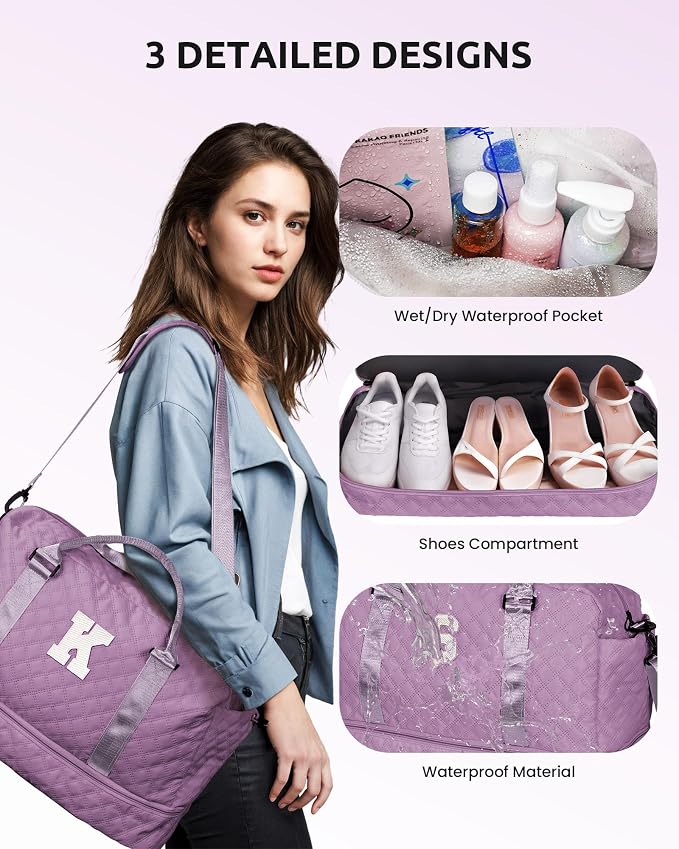 Personalized Gifts-Girls Duffle With Shoe Compartment, Personalized Weekender, Monogram Overnight Bag, Letter Travel With Makeup Bag, Birthday Gift For Women Girl (Letter L) - Image 7