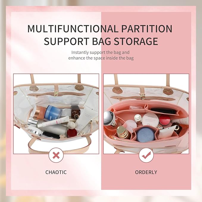 Purse Organizer Insert with Base Shaper Compatible with Neverfull PM and More, Bag Organizer for Luxury Tote Handbags, Pink, M - Image 3