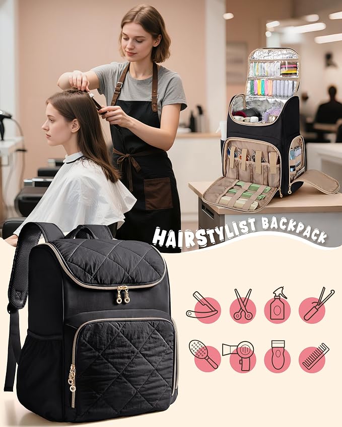 Marscamd Insulated Hairstylist Travel Bag Backpack with Detachable Dividers and Multiple Pockets, Quilted Hair Tool Travel Bag with Multiple Pockets for Hairstylist and Barber, Black - Image 7