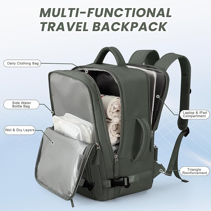 Beraliy Travel Backpack for Men Women, Carry On Backpack, 16 Inch Laptop Backpack, Waterproof Hiking Backpack, Casual Outdoor Daypack College Bag, Olive-green - Image 3