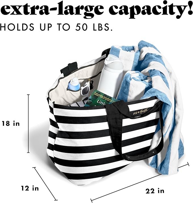 Fit & Fresh XL Beach Tote Bag for Women – XL Travel Tote with Zipper & Pockets, Oversized Canvas Pool Bag, Weekender Carry-On - Image 3