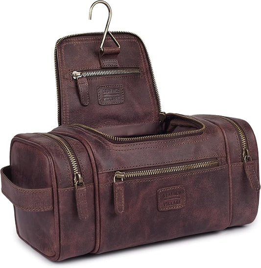 LEATHER VILLAGE Genuine Leather Travel Dopp Kit for Men & Women – Water-Resistant Large-Capacity Hanging Toiletry Bag for Travel, Grooming, Bathroom Organization, Shaving Essentials & Gym Use - Cherry by LeatherVillage