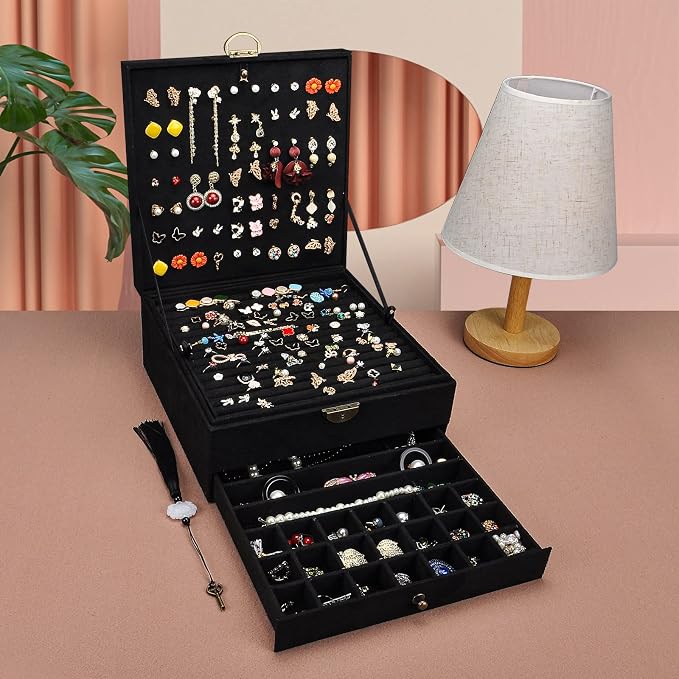 Jewelry Organizer 5 Layers Velvet Square Jewelry Box Women Necklace Ear studs Display Bangles Large Jewelry Storage Case Drawer GY306 (Black) - Image 2