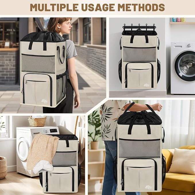 170L Laundry Backpack Bag with 3 Sizes Mesh Wash Bags Empty, Extra Large 2 in 1 Laundry Hamper Basket with Shoulder Straps, Freestanding Laundry Bag for College Dorm, Laundromat, Apartment (Beige) - Image 5