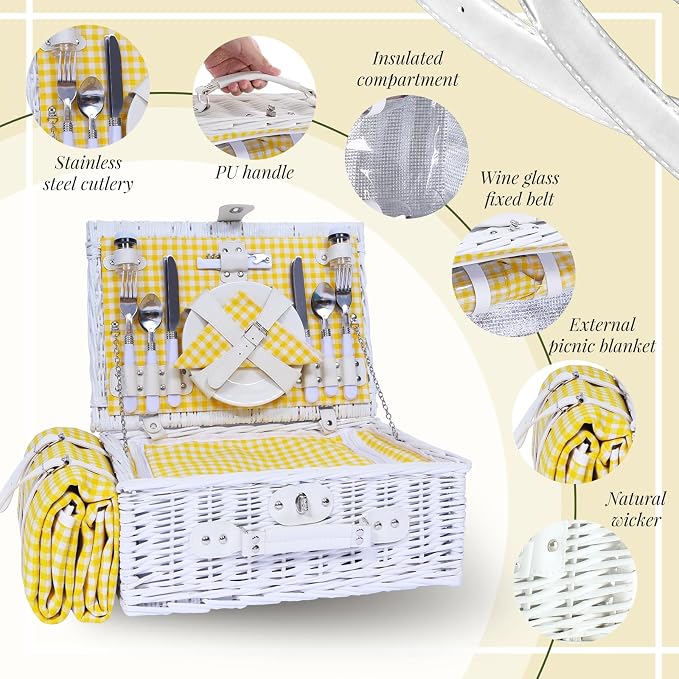 Picnic Basket Set for 4 with Waterproof Blanket Mat Insulation Bag Wicker White Yellow Light Fresh Gifts for Wedding Birthday Summer Camp Outdoor Camping Beach Travel Christmas Thanksgiving - Image 4