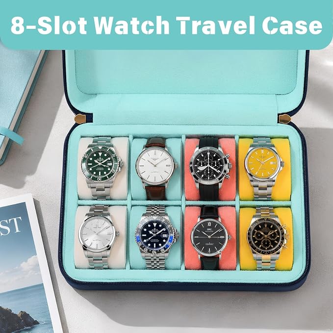 8-Slot Leather Watch Travel Case Organizer for Men, Pool Party Blue | Multiple Watch Capacity,Premium Hexagon Leather,Velvet M-Shaped Cushions,Secure Snap Closure,Storage Organizer - Image 2