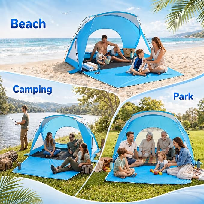 Beach Tent, Portable Sun Shelter for 2/3/4/6-8 Person with UPF 50+ UV Protection, Easy Setup Waterproof Beach Shade Canopy Cabana for Family Outdoor and Picnics, Fishing with Carrying Bag - Image 8