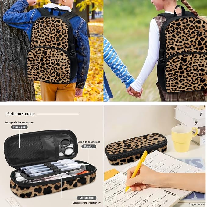 Leopard Spots Girls Boys Lightweight Backpack with Lunch Box, Cheetah Skin Kids BookBag 4 Set Rucksack, Brown Black Water Bottle Holder Pencil Bag for Teens - Image 4