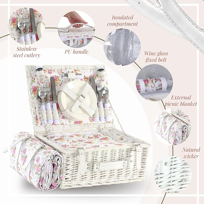 Picnic Basket Set for 4 with Waterproof Blanket Mat Insulation Bag Wicker Pink White Floral Classic Fresh Gift for Christmas Thanksgiving Wedding Birthday Camp Outdoor Beach Travel - Image 4
