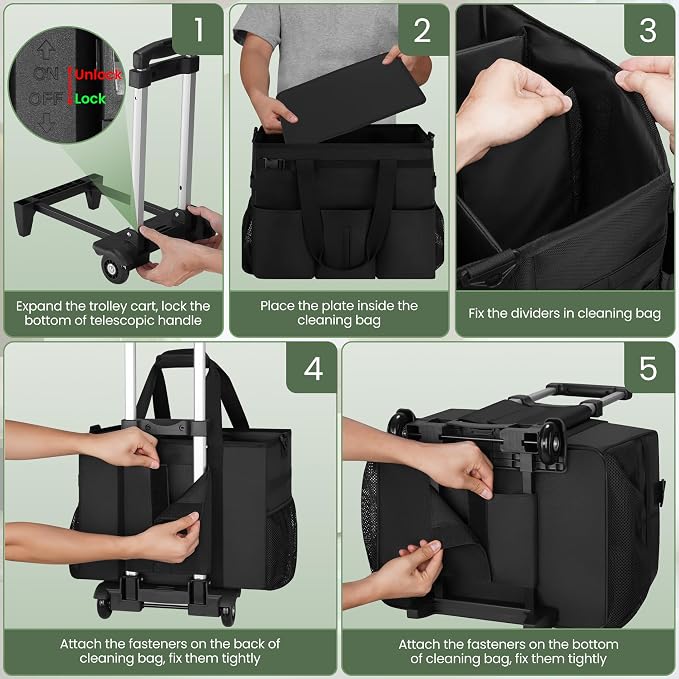 Large Rolling Cleaning Caddy with Detachable Trolley, Cleaning Supply Organizer Bag with Wheels & Multi-Pockets, Water-Resistant Cleaning Cart on Wheels for Housekeeping, Cleaner - Image 6
