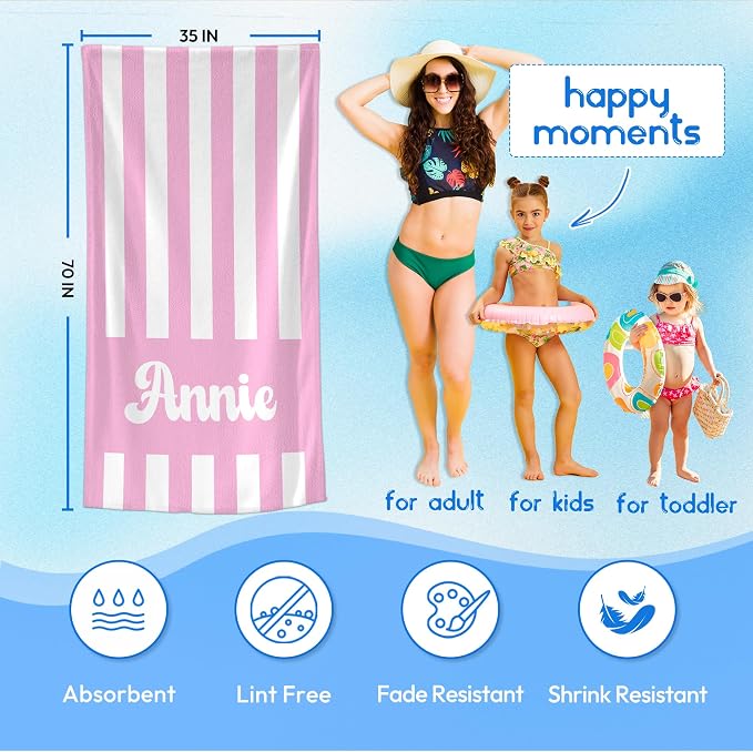 JML Personalized Beach Towel with Name, Custom Cabana Stripe Beach Towel, Customized Microfiber Pool Towel, Quick Dry & Absorbent Swim Towel for Adult,Mother's Day, Birthday, Summer Holiday,Vacation - Image 3
