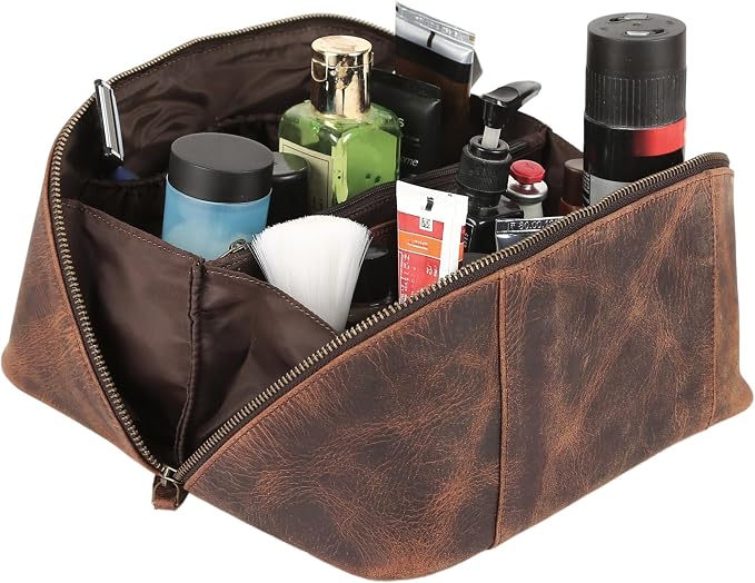 KomalC Luxury Leather Men’s Toiletry Travel Bag – Handmade Shaving Kit with Waterproof Interior, Spacious Storage & Carry Handle – leather travel Kit Bag for Men & Women (Dark Brown) - Image 4