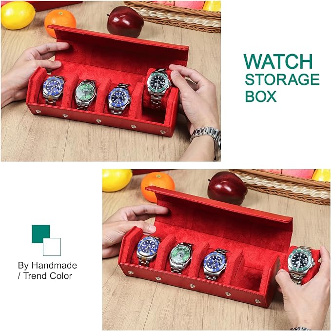 Hiram Saffiano Leather Watch Storage Box Handmade Single Travel Watch Case with Removable Suede Watch Pad Scratch-Resistant & Waterproof Bronze Snap Closure Red - Image 5