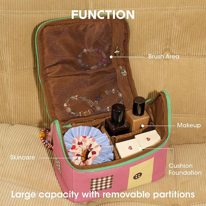Tagi. Signal House Large Capacity Travel Makeup Bag, Waterproof PVC Cosmetic Bag for Women, Wide-Open Flat Pouch for Brushes & Skincare, Portable Organizer with Handle & Dividers - Image 4