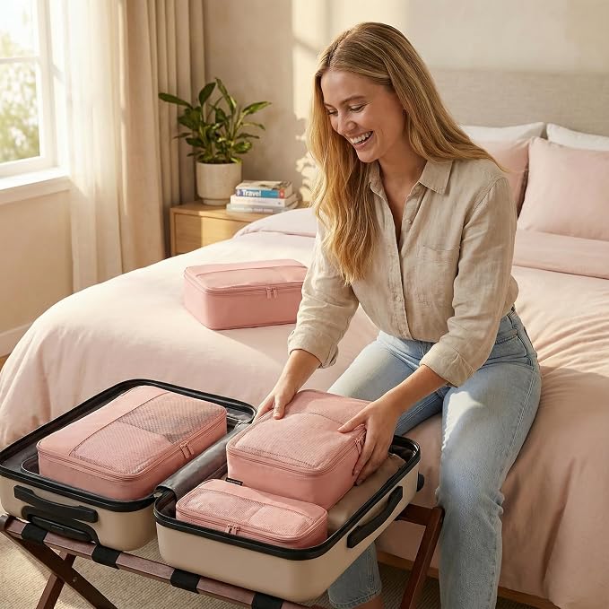 4 Piece Compression Packing Cubes for 3–7 Day Travel, Dusty Pink | Wrinkle-Resistant Memory Fabric, Breathable Mesh Panel, Double-Zipper, Small to Large Size Bag, Smart Organization - Image 8