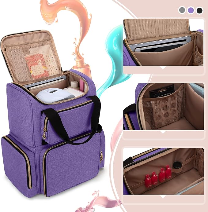 LUXJA Nail Polish Organizer Backpack Holds 70 Bottles and a UV Lamp | Travel Nail Bag with 2 Removable Cases, Ample Tools Storage Pockets, Adjustable Shoulder Straps, Trolley Sleeve, Purple - Image 2