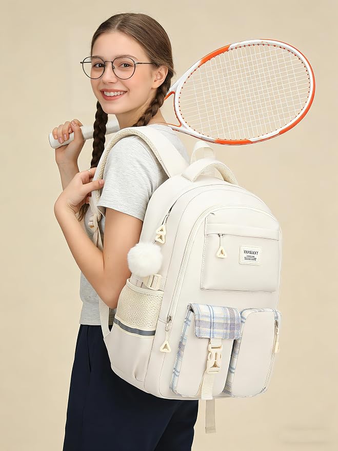 School Backpack for Teen Girls, Big Student Laptop Backpack Aesthetic Bookbags for College Women Elementary Middle High School Travel Mochilas Escolares, Beige - Image 6