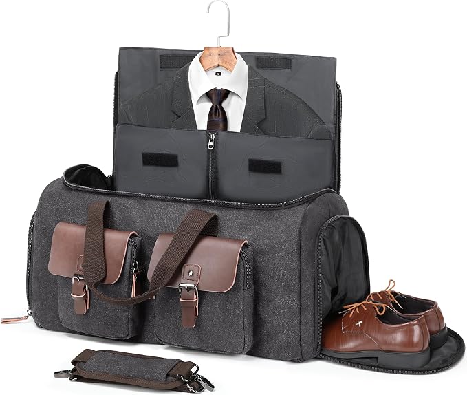 Canvas Garment Bags for Travel, Convertible Carry On Garment Duffel Bag for Men Women, 2 in 1 Suit Bag Hanging Suitcase Business Travel Bag with Shoe Compartment (Grey, L) by DensataTravelBag