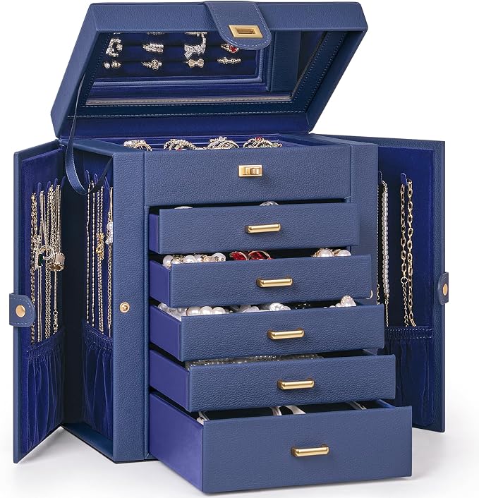AKOZLIN 6-Tier Jewelry Box Organizer Functional 5 Drawers Leather Jewelry Storage Case for Women Girls Ring Necklace Earring Bracelet Holder Organizer with Mirror Medium Blue by AKOZLIN