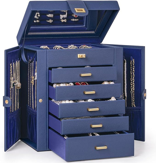 AKOZLIN 6-Tier Jewelry Box Organizer Functional 5 Drawers Leather Jewelry Storage Case for Women Girls Ring Necklace Earring Bracelet Holder Organizer with Mirror Medium Blue by AKOZLIN