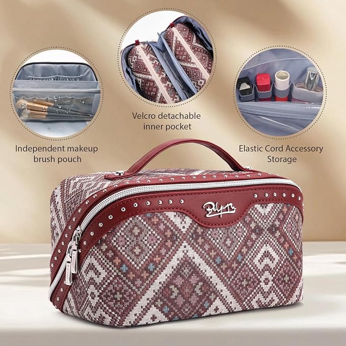 BOYATU Travel Makeup Bags for Women: Western Studded Boho Large Capacity Cosmetic Organizer - Wild, free, Punk Style - 3Pc Waterproof Toiletry Set with Blush Compartment - No Chaos & Easy Clean Red - Image 2