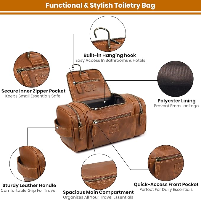 LEATHER VILLAGE Genuine Leather Travel Dopp Kit for Men & Women – Water-Resistant Large-Capacity Hanging Toiletry Bag for Travel, Grooming, Bathroom Organization, Shaving Essentials & Gym Use - Tan - Image 4