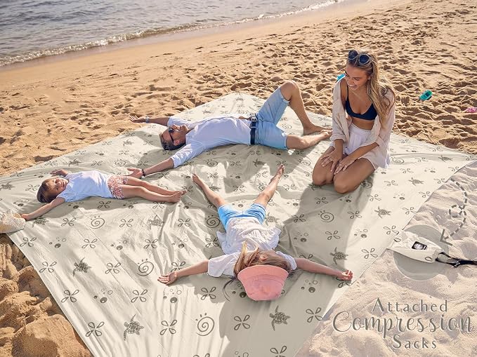 WEKAPO Beach Blanket Waterproof Sandproof Oversized Extra Large Sand Free Beach Mat with Stakes, Storage Bag - Essentials for Outdoor Beach, Picnic (Light Small Sea Turtle, 8 X 7 FT (1~4 Person)) - Image 2