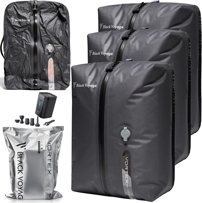 Black Voyage Reusable Vacuum Compression Travel Bag for Carry-On Suitcase and Backpack, Recycled IPX8 Waterproof Space Saver Vacpack (3-Pack, 18L - Pump Included) by BlackVoyage