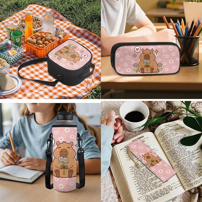 Capybara Backpack for Girls Elementary School Bag 5 in 1 Bookbag Set with Lunch Box Pencil Case Water Bottle Sleeve Bookmark for Teen Boys School Bookbag Camping,Daisy - Image 5