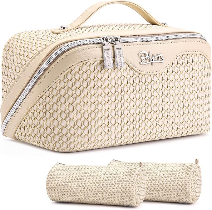 BOYATU Travel Makeup Bags for Women: Large Capacity Make up Bag with Wide Opening - 3 Pcs Set Waterproof Travel Toiletry Organizer for Full-Sized Bottles, Cosmetics & Brushes (Apricot-W) by BOYATU