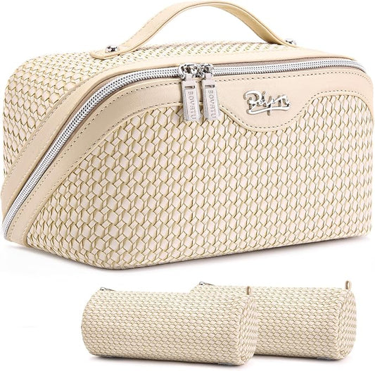 BOYATU Travel Makeup Bags for Women: Large Capacity Make up Bag with Wide Opening - 3 Pcs Set Waterproof Travel Toiletry Organizer for Full-Sized Bottles, Cosmetics & Brushes (Apricot-W) by BOYATU