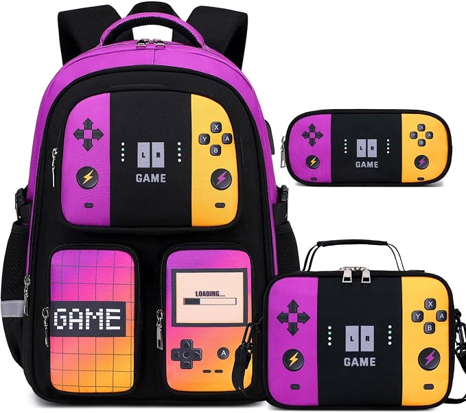 Gamer Backpack for Boys , 3PCS Boys Backpack with Lunch Box & Pencil Pouch, Waterproof School Bags for Boy Kids Children Teens, Elementary Middle School, Kids Book Bag Casual Daypack (Pueple Yellow) by Jafeton
