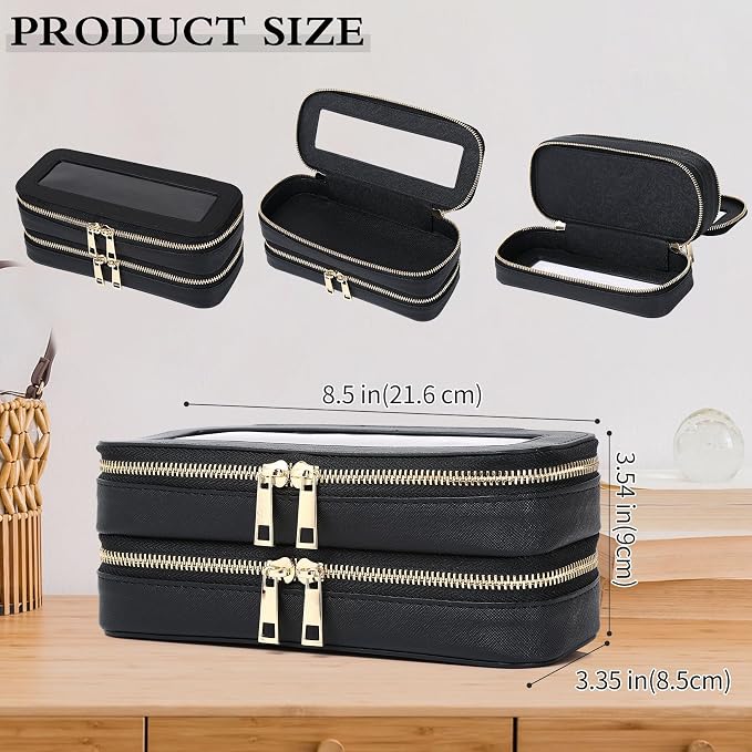 Double Layer Makeup Bag Makeup Brush Case Waterproof Travel Cosmetic & Toiletry Bag Purse Organizer and Car Essentials for Women (Black, 2-Layer SLIM) - Image 4