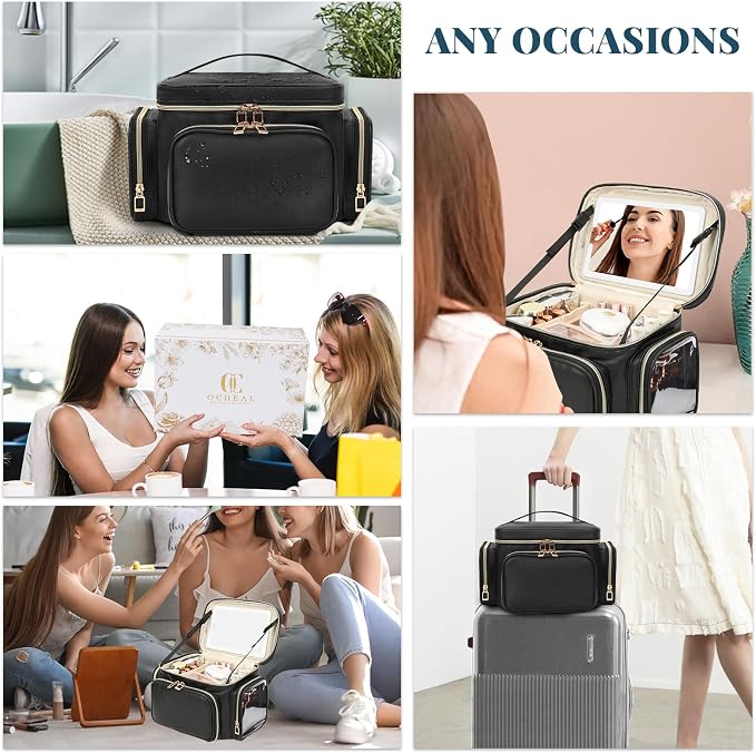 Large Makeup Bag with LED Mirror, Travel Makeup Bag Organizer for Women Girls with Makeup Brush Compartment & Two Side Pockets, 3 Color Lights Cosmetic Toiletry Bag- Leather Black - Image 7