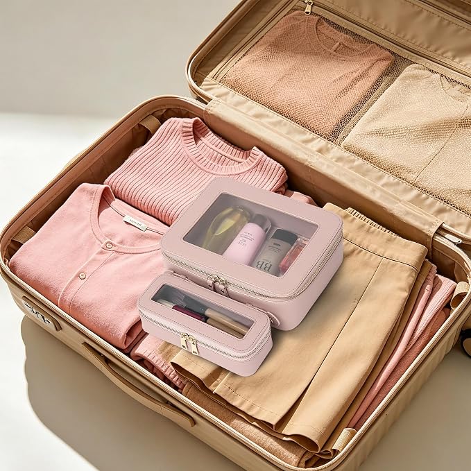 Travel Makeup Bag, Pink, L+Slim | With Brush Case, Transparent, Waterproof, Zipper Closure - Image 6