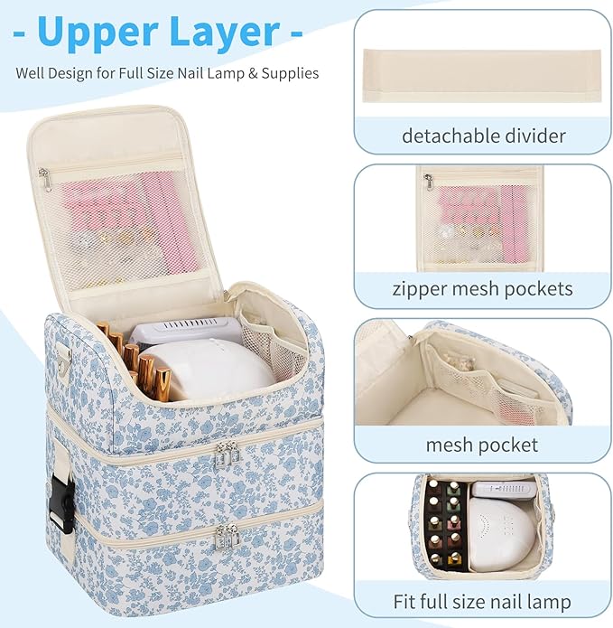 Extra Large Nail Polish Organizer - Three Layer Nail Organizers And Storage Bag, Portable Nail Supplies Organizer Case, Nail Tech Kit Travel Carrying Box with Shoulder Strap (Floral Blue, 86 Slots) - Image 4