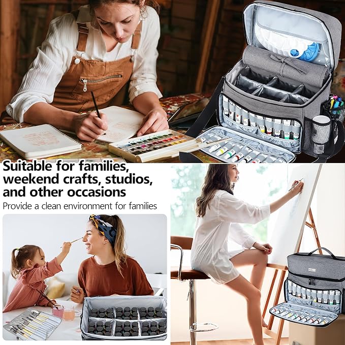 Acrylic Paint and Brush Set Organizer Bag - Carrying Case Compatible with Apple Barrel, Shuttle Art, Caliart Art Supplies - Includes Detachable Paint Brush Holder - for Travel/Outdoor Sketching (Gray) - Image 6