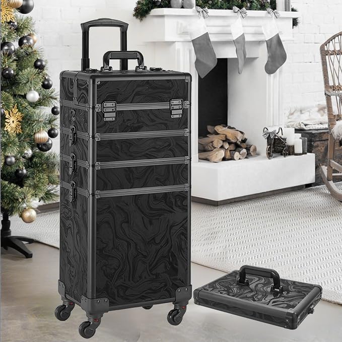 Somduy Rolling Makeup Case, Makeup Train Case with Lid, 5 in 1 Cosmetology Case on Wheels, Christmas Gift, Large Makeup Organizers, Profesional Cosmetic Case for Salon Barber, Pattern Black - Image 9