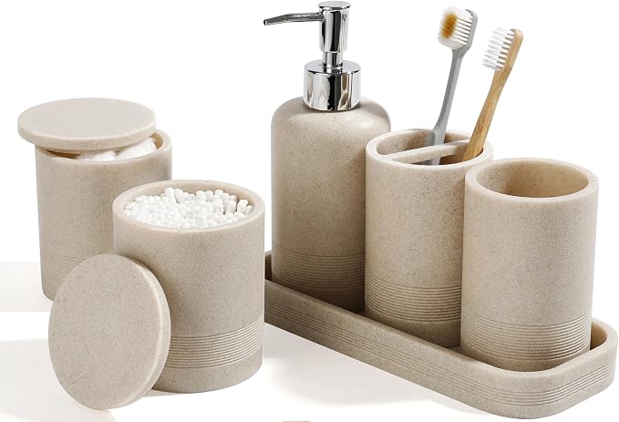 Bathroom Accessories Set, 6-Piece Bathroom Accessory Set, Toothbrush Holders Set, Soap Dispenser, Vanity Tray, Tumbler, Cotton Swab Jars, Bathroom Organizer for Modern Bathrooms(Beige) by YMXYJM