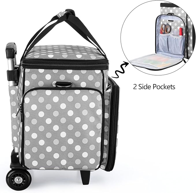 LUXJA Sewing Machine Case with Detachable Dolly, Gray Dots | Rolling Tote with Removable Bottom Pad for Most Standard Sewing Machines, Patented Design - Image 4