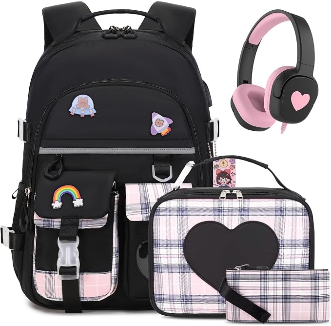 ACESAK Backpack for Girls with Headphones - Girls Backpack with Lunch Box, Pencil Case & Kids Headset - 3.5mm Wired Headphones for School Bookbag Schoolbag Set Back To School Gift (Black) by ACESAK