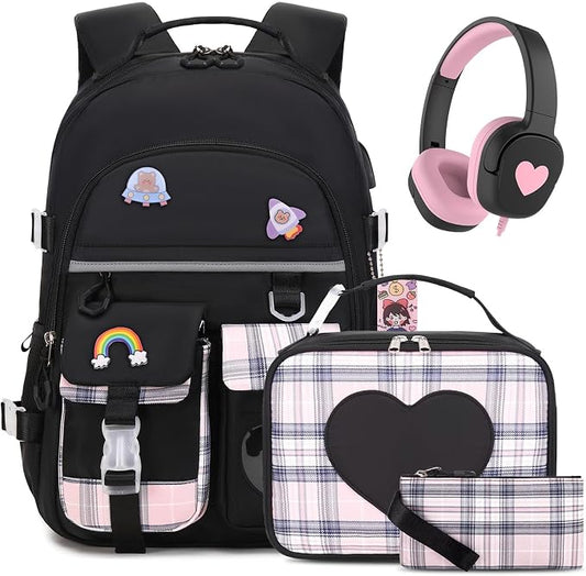 ACESAK Backpack for Girls with Headphones - Girls Backpack with Lunch Box, Pencil Case & Kids Headset - 3.5mm Wired Headphones for School Bookbag Schoolbag Set Back To School Gift (Black) by ACESAK
