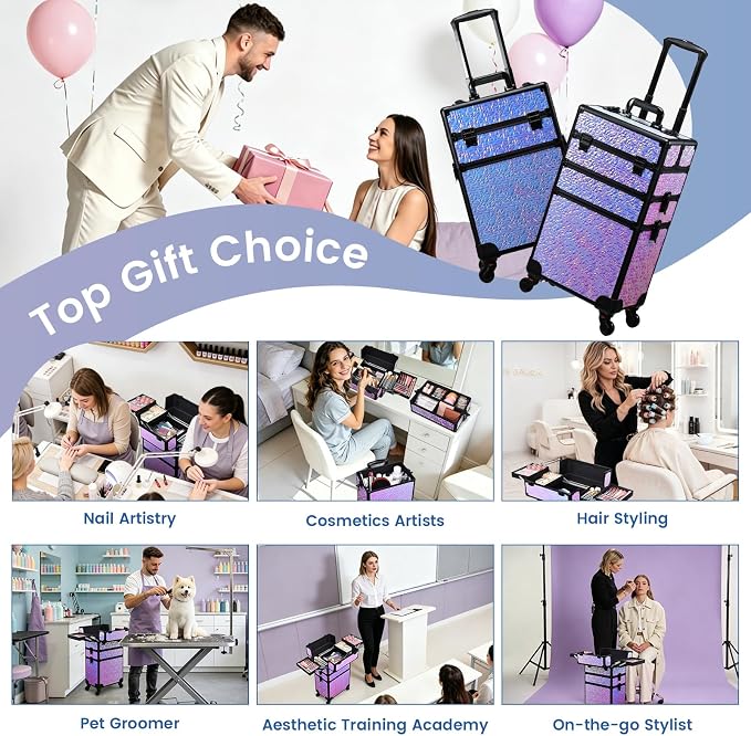 FRENESSA 3 in 1 Rolling Makeup Train Case Professional Cosmetic Trolley Large Storage with Keys Swivel Wheels Salon Barber Case Traveling Cart Trunk for Make Up Hairstylists Nail Tech, Shiny Purple - Image 3