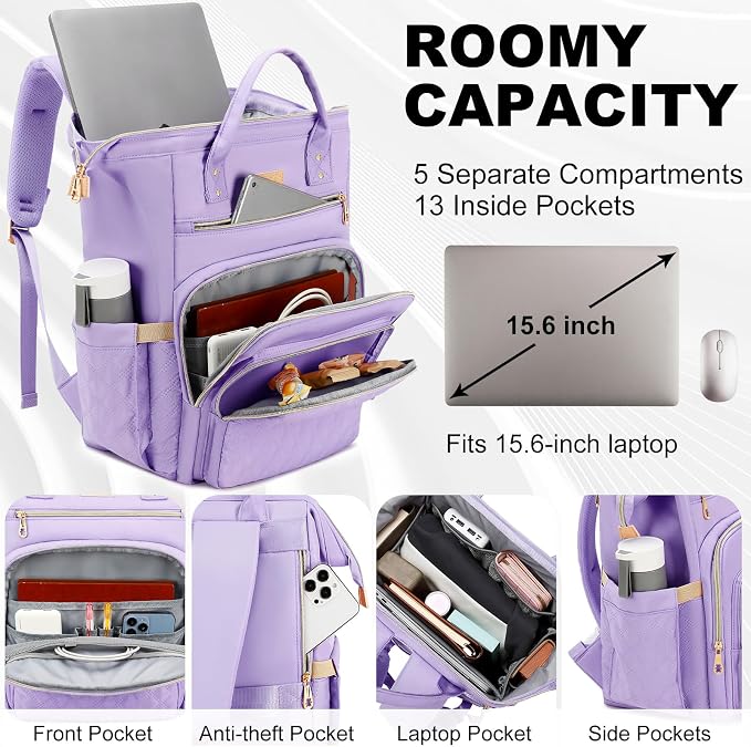 AIJIEKE Lunch Backpack for Women, 15.6 Laptop Backpack, Lunch Box, Purple | Water resistant computer bag with insulated leakproof cooler. Travel meal prep backpack for nurse, teacher, college commute - Image 2