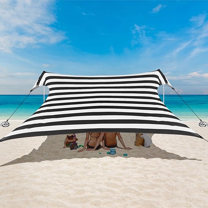 Beach Tent, Beach Canopy Sun Shade UPF 50+, Portable 10×10 FT Camping Sun Shelter with Sandbags, Poles, Ground Pegs and Anti-Wind Ropes for Outdoor, Backyard, Picnics, Fishing-Black Stripe by BEW