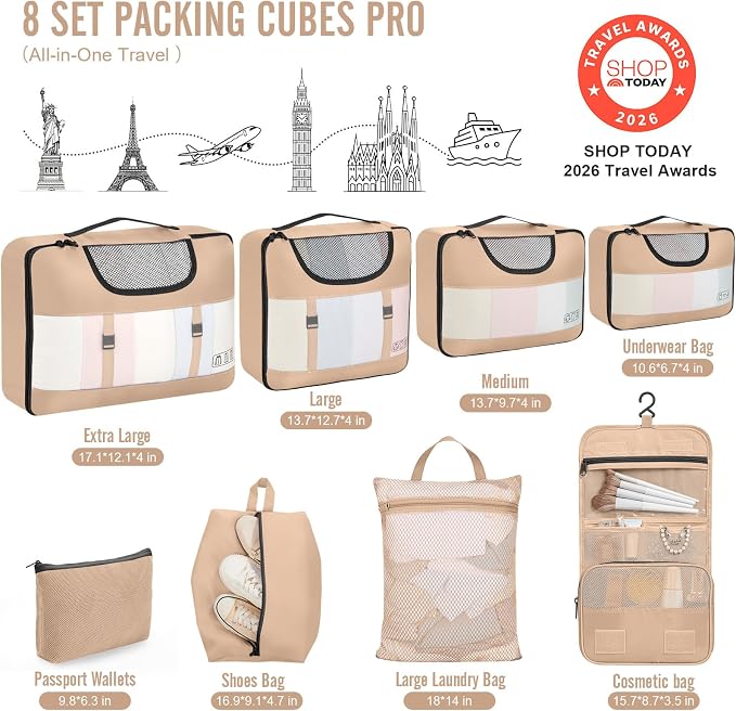 Veken 8 Set Packing Cubes for Travel Essentials,Anti-Wrinkle Buckled Suitcase Organizer for Shoe & Toiletry Bag,Carry On Luggage Bag with 99+ Count Mesh Holes for Airplane & College Dorm Accessories - Image 2