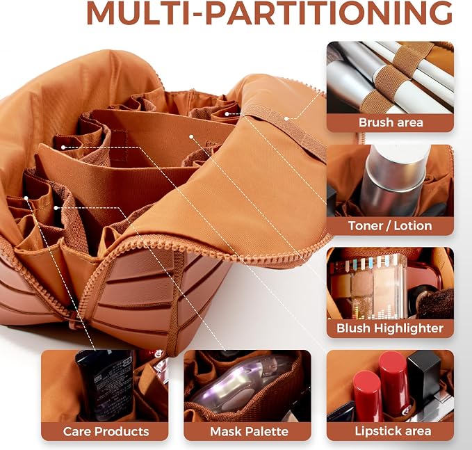 Travel Makeup Organizer Bag with Fold-Down Design and Adjustable Dividers, 27 Pockets & 3 Brush Storage Holders, Large Capacity Cosmetic Bags Toiletry Case - Brown - Image 2