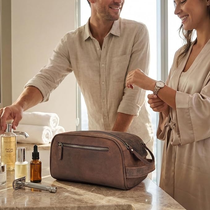Leather Toiletry Travel Bag with Waterproof Lining, Large Capacity Vintage Dopp Kit, Shaving & Cosmetic Organizer for Men & Women - Brown - Image 7